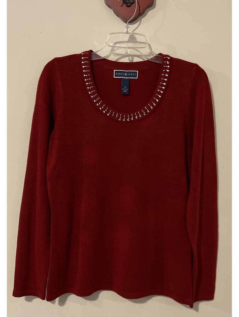 Karen Scott Womens Small Red Studded Acrylic Soft Pullover Sweater! A2338